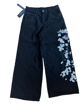 Romwe Black Wide-Leg Pants with Embroidered Koi & Cherry Blossoms